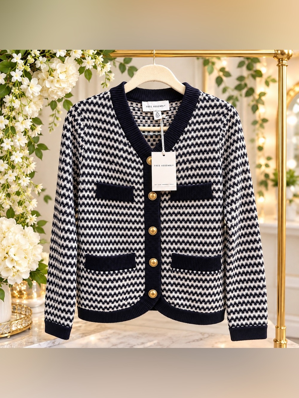Free Assembly Women’s Welt Pocket Cardigan Sweater Darkest Navy Stripe XS 0-2NWT